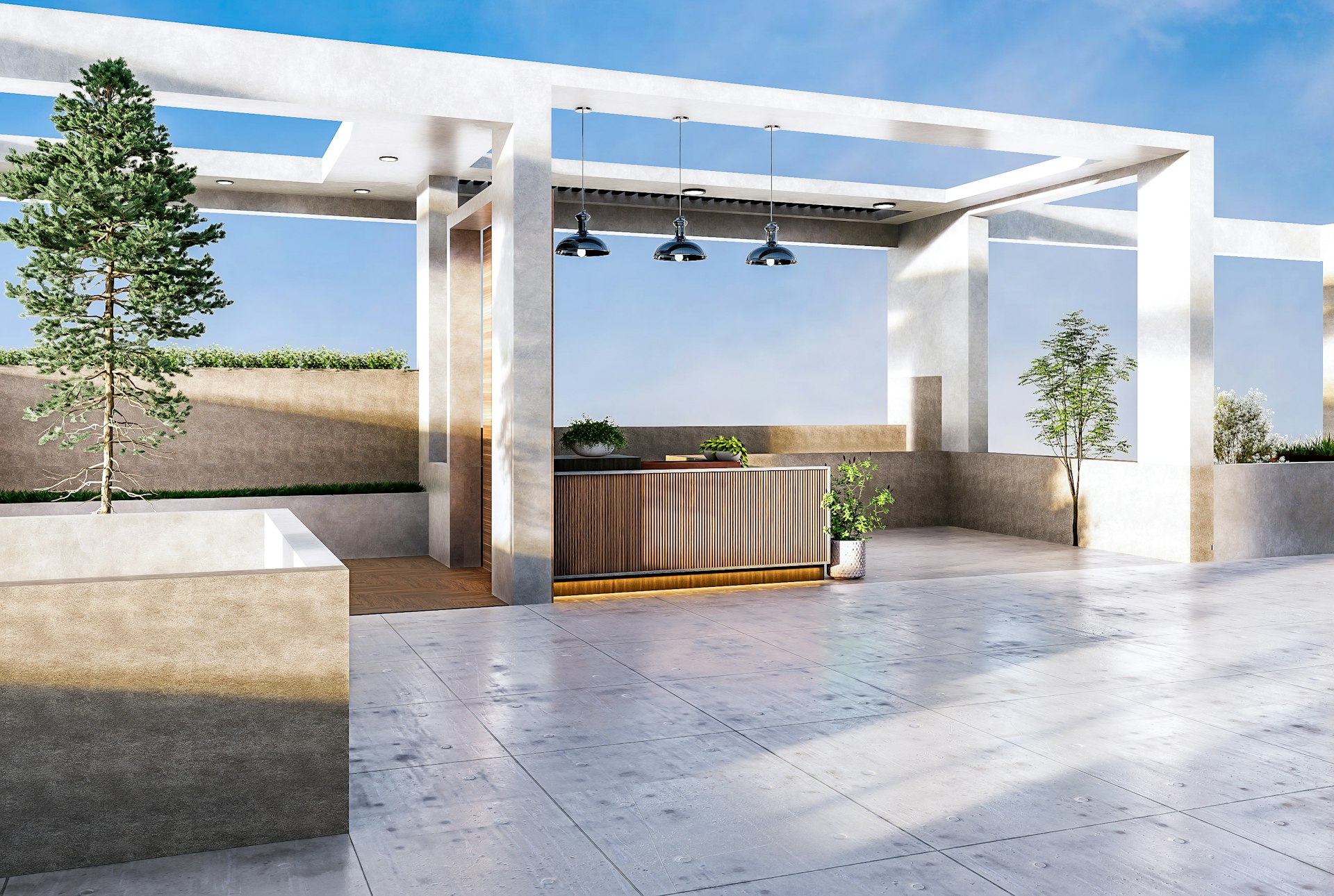 Modern outdoor lounge area with bar and plants